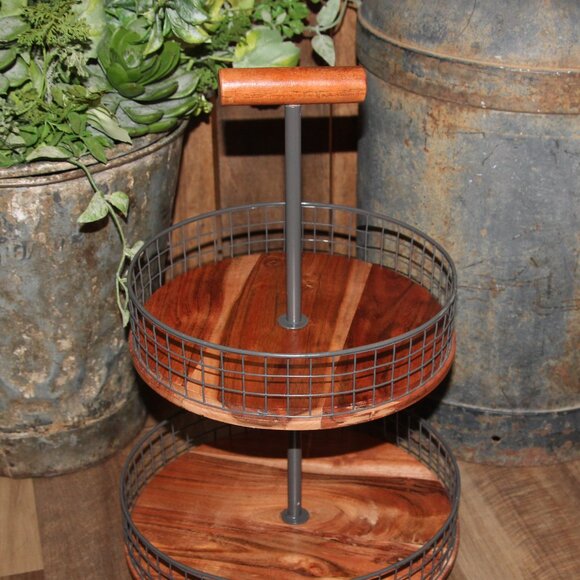 NEW Large Rustic 17.75" Iron & Wood Tiered Farmhouse Basket Stand - Picture 2 of 8